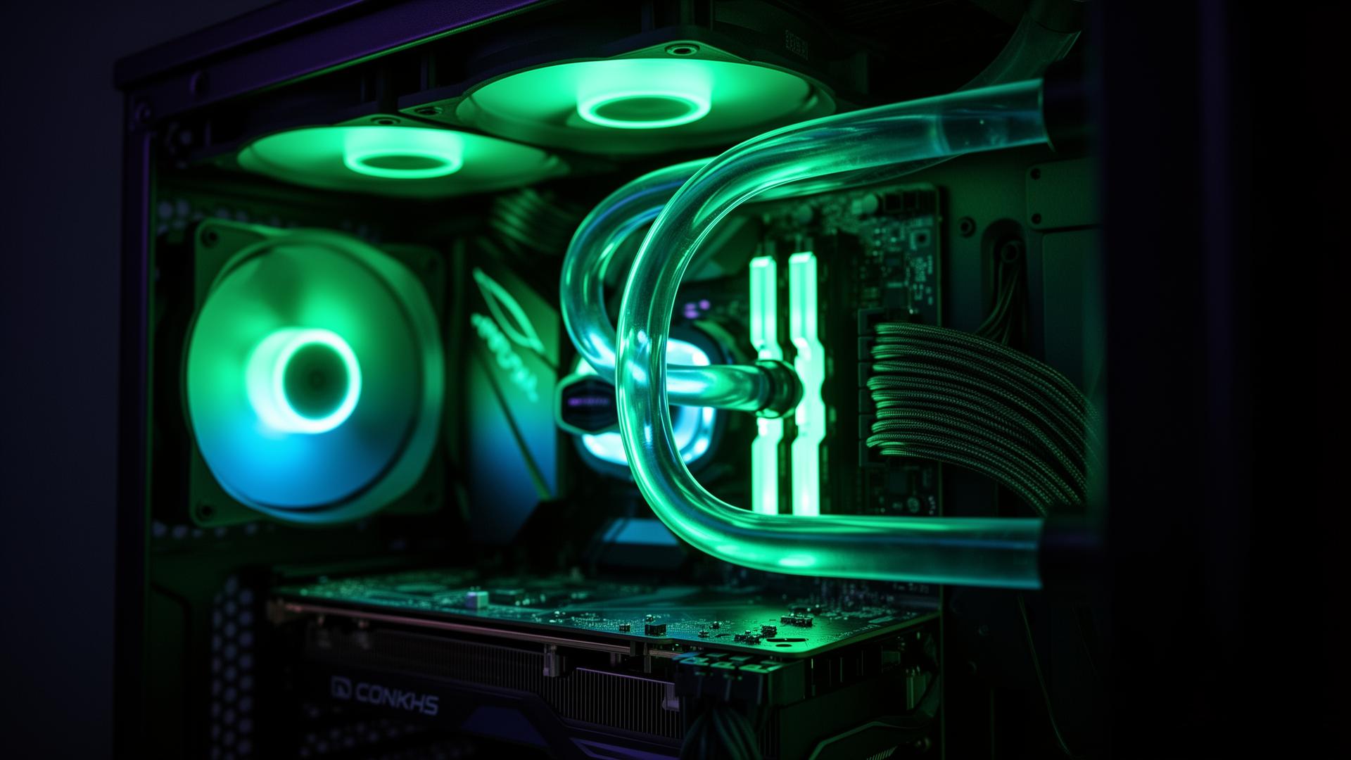 Custom gaming PC with green liquid cooling and RGB lighting built by Nova PC Services